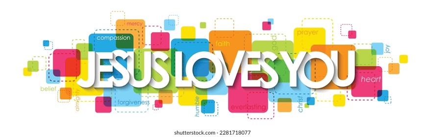 JESUS LOVES YOU colorful typography banner with keywords