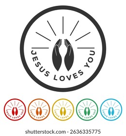 Jesus loves you Lettering praying hand. Set icons in color circle buttons