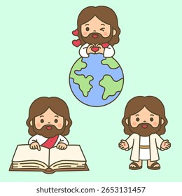 Jesus fazendo o gesto da mão do coração sobre a Terra, lendo o livro, e de pé com as mãos abertas Vetor ilustração clipart para escola de domingo