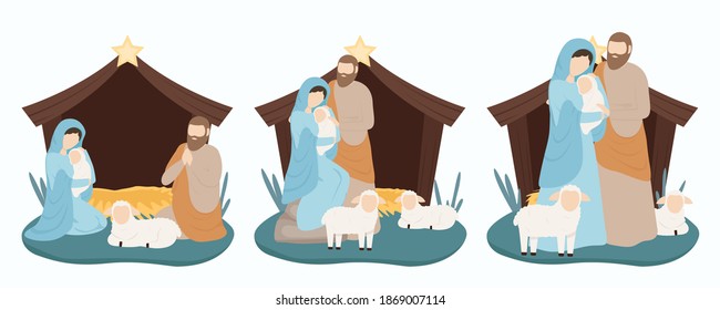 Jesus in a manger with Mary and Joseph with an animal.
Jesus is born in a stable. Christmas 2021
Vector illustration.