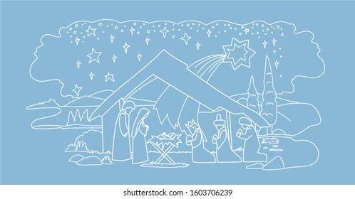 Jesus in a manger scene. Christmas. Postcard for congratulations, facebook.