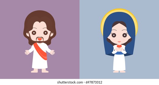 Jesus and Mary cute character, flat design vector illustration