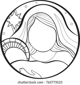 Jesus and Mary, Line art, Vector illustration, Circular Christmas scene