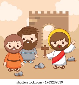 jesus with men in the town cartoon. the pilgrims of Emmaus. evangelical passage. vector illustration