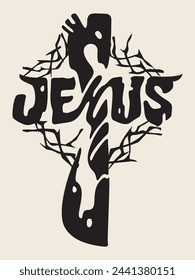 Jesus is my Way. Jesus loves you. Christian. Graphic inscription. Cross. Сrown of thorns