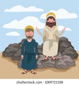 jesus the nazarene and james the lesser in scene in desert sitting on the rocks in colorful silhouette