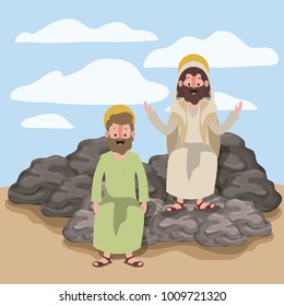 jesus the nazarene and thaddeus in scene in desert sitting on the rocks in colorful silhouette