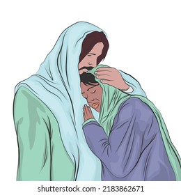 Jesus of Nazareth consoling a woman.	