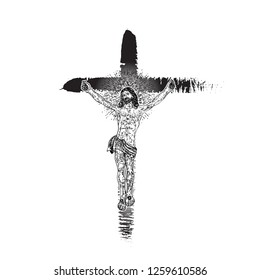 Jesus on the cross. Hand painted with real ink brush, grunge Christian cross Sketch. Vector.