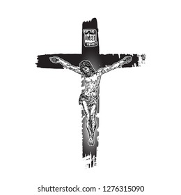 Jesus on the cross. Hand painted with real ink brush, grunge Christian cross Sketch. Vector.