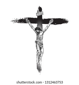 Jesus on the cross. Hand painted with real ink brush, grunge Christian cross Sketch. Vector.
