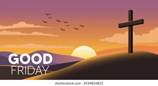 Jesus on the cross on hill with fantasy sky vector poster for good Friday 