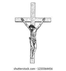 Jesus on cross from mount Golgotha. Hand drawn art sketch. Vector. 