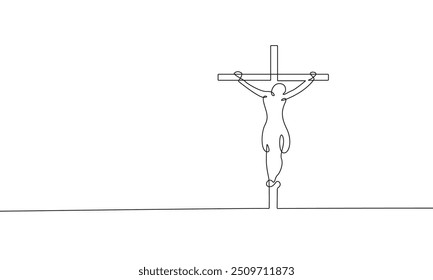 Jesus on the Cross One Line Drawing. Christian Symbol Creative Contemporary Abstract Line Drawing. Vector Minimalist Design for Christian Wall Art, Poster, Card, Social Media.	