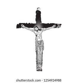Jesus on cross painted with ink brush. Son of God Jesus Christ from mount Golgotha. Hand drawn art sketch. Vector. 