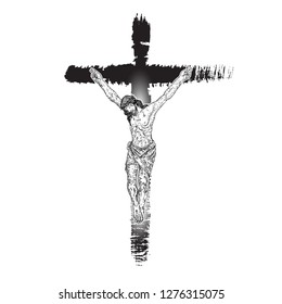 Jesus on cross painted with ink brush. Son of God Jesus Christ from mount Golgotha. Hand drawn art sketch. Vector. 