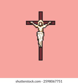Jesus on the Cross in Pixel Art with cute pink background