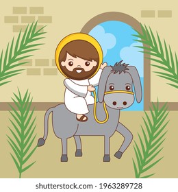 jesus on donkey coming to town. Palm Sunday .vector illustration
