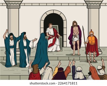 Jesus is on trial. bible story. Jesus before Pontius Pilate. Jesus was tried unjustly.