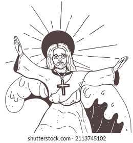 Jesús en la ola.  La naturaleza del logotipo es buena. Ilustración vectorial de dibujo manual
