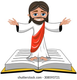 Jesus opens his hands standing on Bible or gospel book isolated 