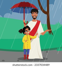 Jesus opens an umbrella for the girl and walking in the rain. Flat vector illustration.