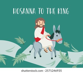 Jesus palm sunday clipart design. Jesus christ character riding in donkey for lord risen hosanna to the king easter sunday clip art. Vector illustration happy easter celebration. 
