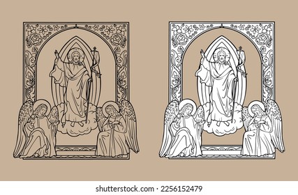 Jesus' Passover. Angels. Biblical scene. Flat vector illustration. resurrection of Jesus or resurrection of Christ. outline photo for Easter day.