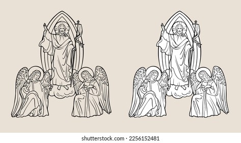 Jesus' Passover. Angels. Biblical scene. Flat vector illustration. resurrection of Jesus or resurrection of Christ. outline photo for Easter day.