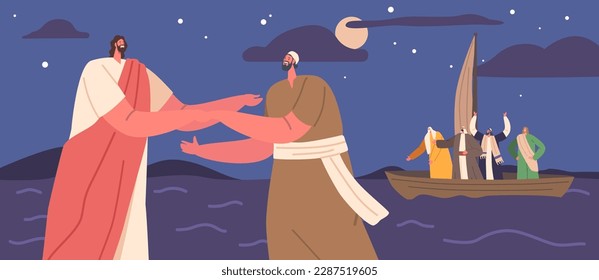 Jesus And Peter Walk On Water Under The Night Sky, Waves Crashing Around Them. Faith, Miracles, And The Power Of Belief