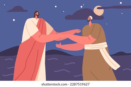 Jesus And Peter Walking On Water Remarkable Biblical Narrative Scene Captures The Miracle Of Faith Vector Illustration