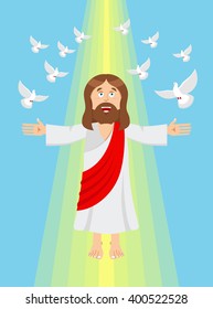 Jesus and pigeons. Ascension of Jesus Christ. Son of God in heaven. Resurrection. Bible character. Yellow divine ray of light
