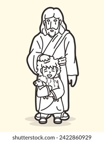 Jesus Places His Hands on His Head and Blesses the Shepherd Boy Holding a Lamb Cartoon Graphic Vector