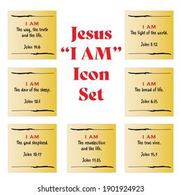 Jesus' I AM posted note yellow icon set statements in gospel of John in the Bible's new testament. I am the way, truth, life, vine, resurrection, shepherd, bread and light of the world.