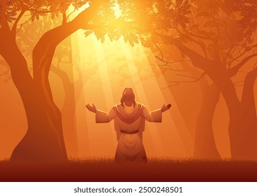 Jesus in prayer amongst the ancient olive trees of Gethsemane. Dramatic imagery captures the solemnity and serenity of this sacred moment, as Jesus prepares for the trials that lie ahead