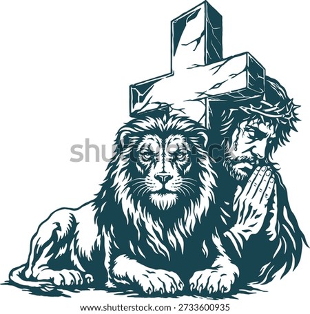 Jesus Praying with Lion of Judah Under Cross Vector Illustration