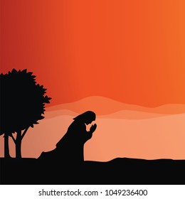 Jesus praying. Vector illustration of praying in Gethsemane.