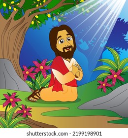 Jesus prays in the garden of Gethsemane, children's Bible illustrations, education, religion, posters, websites, t-shirts, printing and others