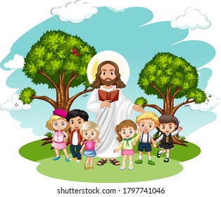 Jesus preaching to a children group cartoon character illustration