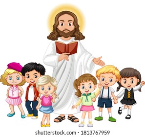 Jesus preaching to a children group cartoon character illustration