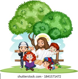 Jesus preaching to a children group cartoon character illustration