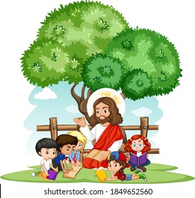 Jesus preaching to a children group cartoon character illustration