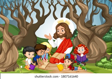Jesus preaching to a children group in forest scene illustration