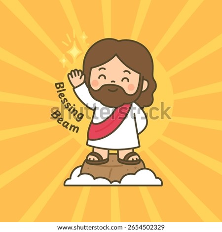 Jesus with Raised Hand Sending Blessing Beam with Yellow Light Rays Vector Illustration for sunday school or jesus on mountain senai