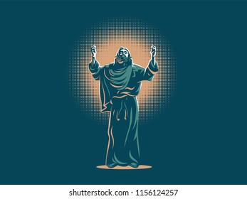 Jesus raised his hands in prayer. Vector illustration.