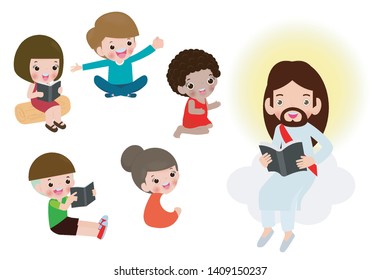 Jesus reading the Bible with Children.Jesus preaching to a group of kids. isolated on white background vector illustration