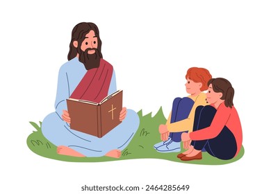 Jesus reads bible to children sitting on lawn, explaining to kids commandments from christian religion. Prophet jesus holding book with catholic or orthodox cross on cover located near boy and girl