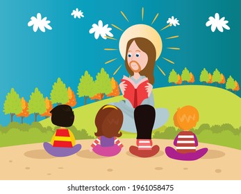 Jesus Reads Bible To Kids Cartoon 2d Vector Concept For Banner, Website, Illustration, Landing Page, Flyer, Etc.