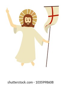 Jesus resurrected, happy Easter, Jesus holds the banner with the cross. Vector illustration