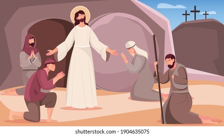 Jesus resurrection and people near tomb cave exit flat vector illustration